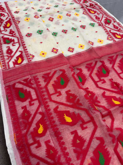 Bindu : Cream and Red Blended Soft Cotton Jamdani Saree image 2