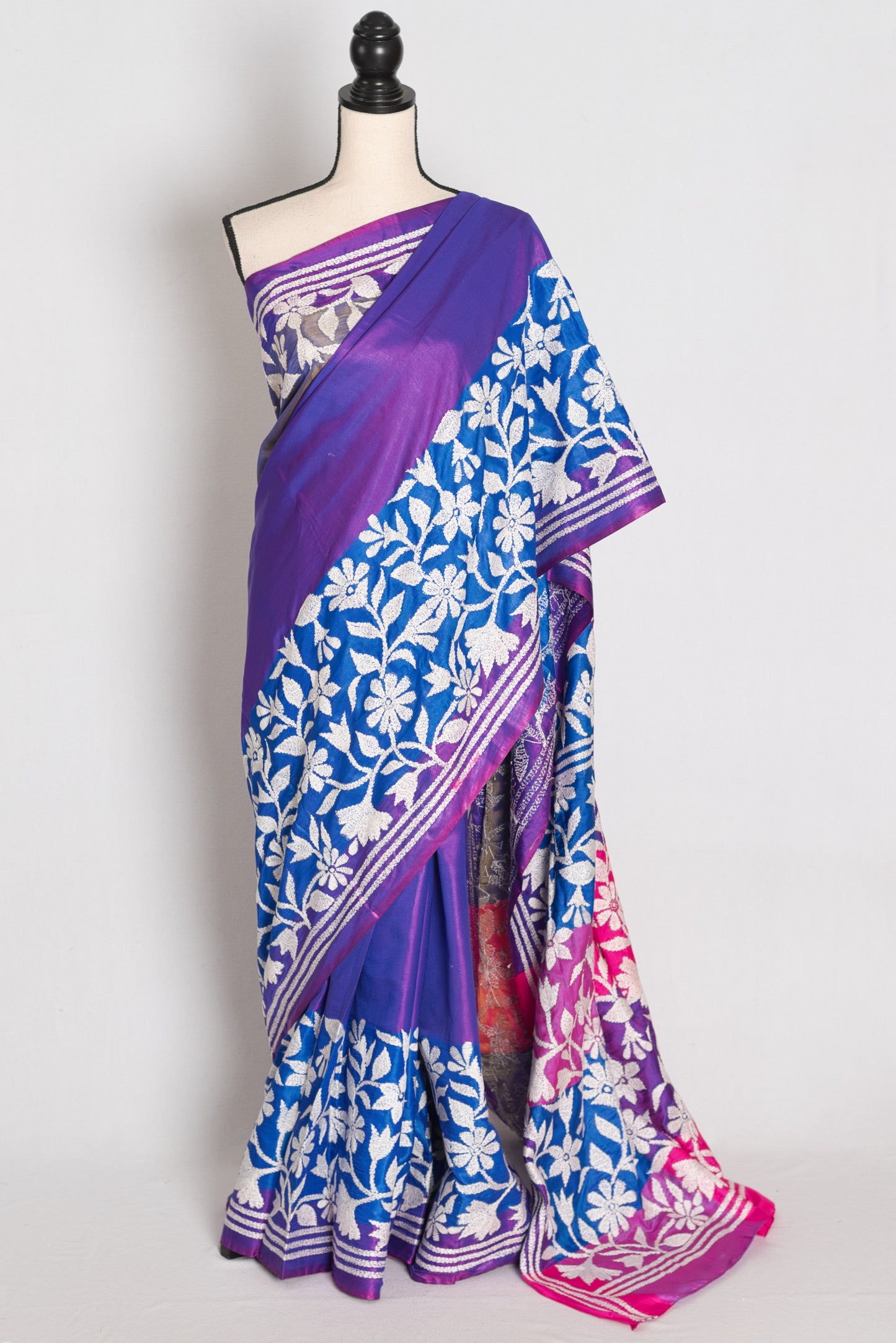 Sandhya : Purple Semi Silk Kantha Stitch Saree | Hand-Embroidered image 0