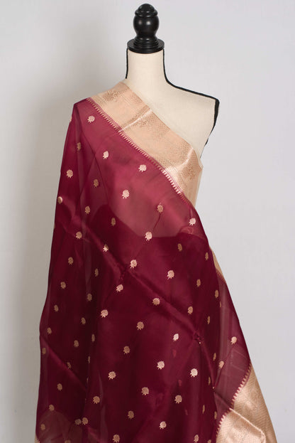 Anuya : Silk Mark Certified Wine and Beige Organza Banarasi Saree image 4