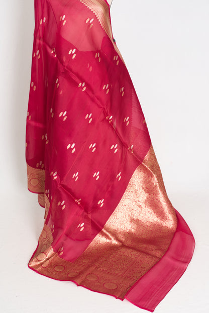 Noor : Silk Mark Certified Reddish Pinkish Red Organza Banarasi Saree with Gold image 4
