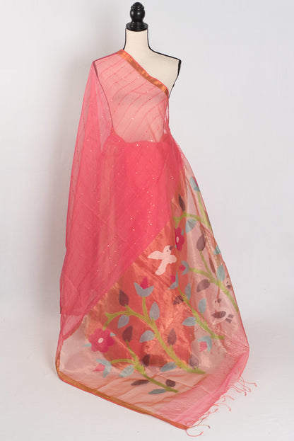 Kusum: Coral Pink & Gold Muslin Cotton Jamdani Saree | Sequin Weaving image 1