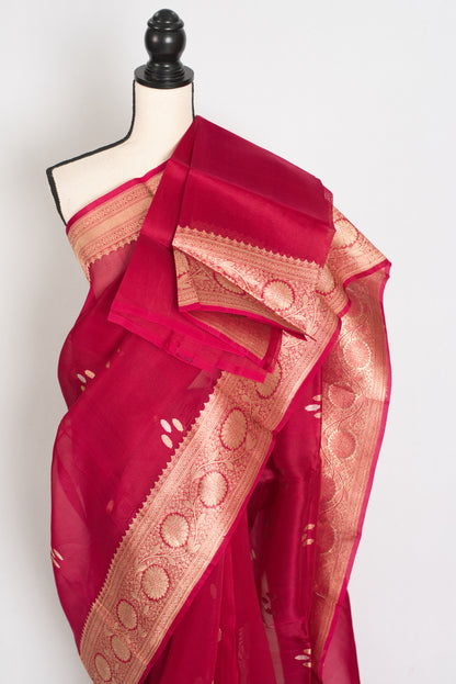 Noor : Silk Mark Certified Reddish Pinkish Red Organza Banarasi Saree with Gold image 2