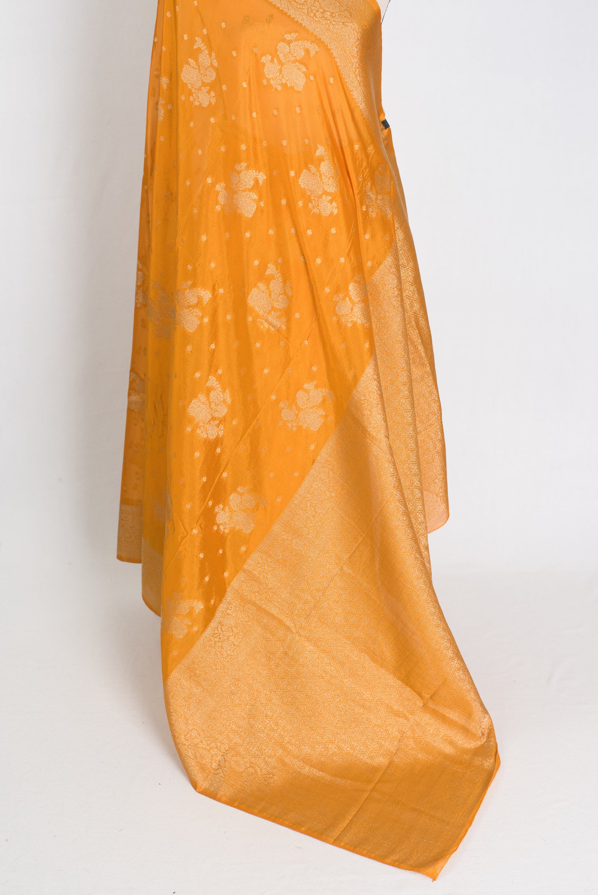 Sonali : Turmeric Yellow Semi Crepe Banarasi Saree image 3