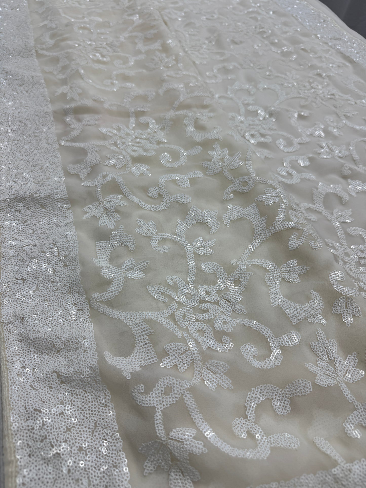 Damini | Ivory White Sequin Georgette Cocktail Saree | Classic Embroidery image 3