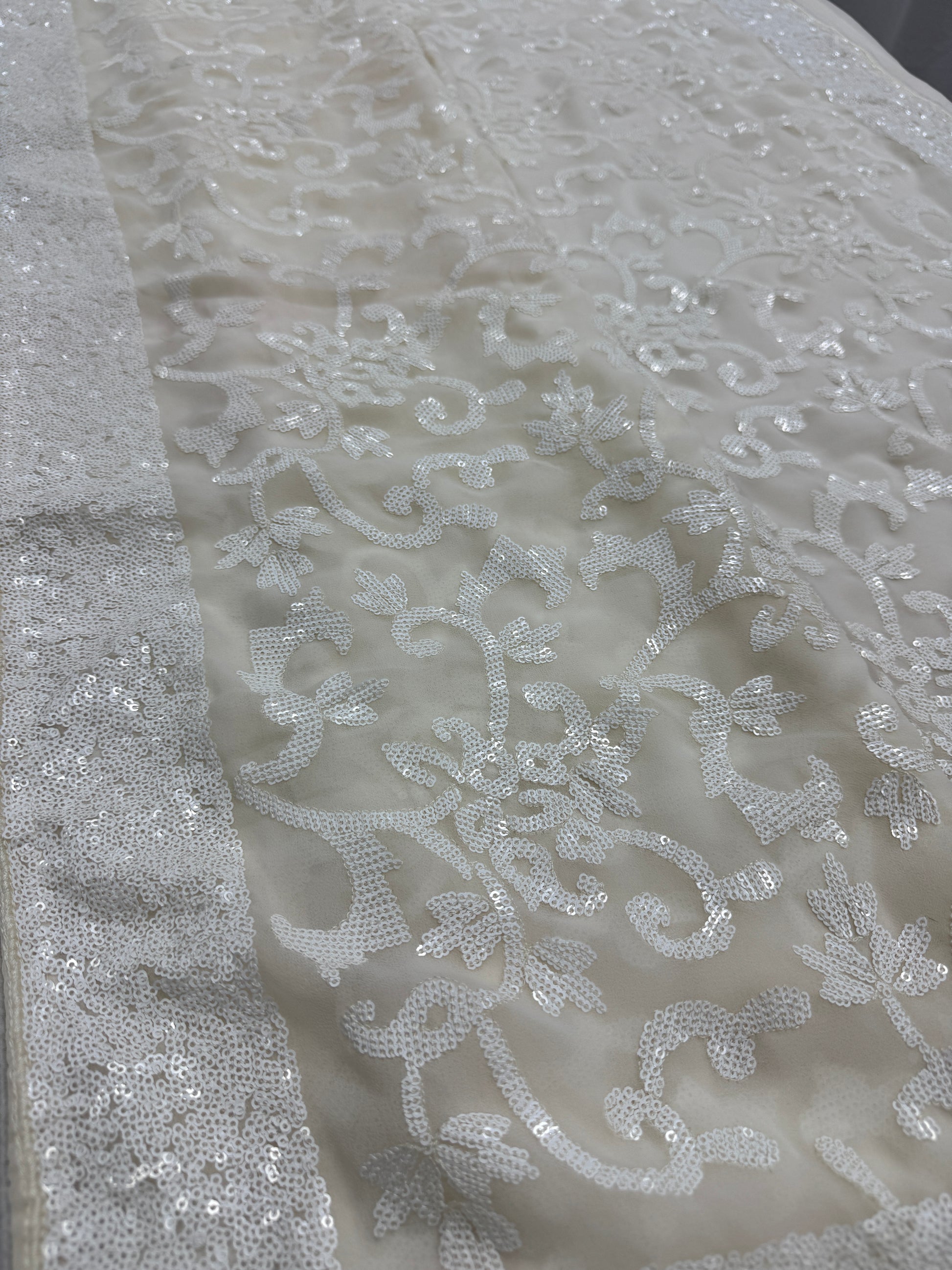 Damini | Ivory White Sequin Georgette Cocktail Saree | Classic Embroidery image 3