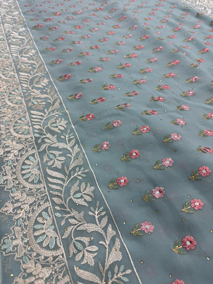 Grace | Sky Blue Georgette Partywear Saree | Pastel Floral Booti Embroidery image 3
