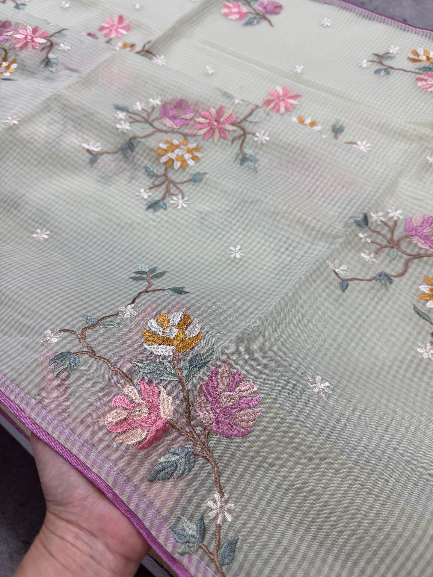 Ragini | Sea Green & Pink Floral Embroidery Blended Cotton Kota Saree image 2