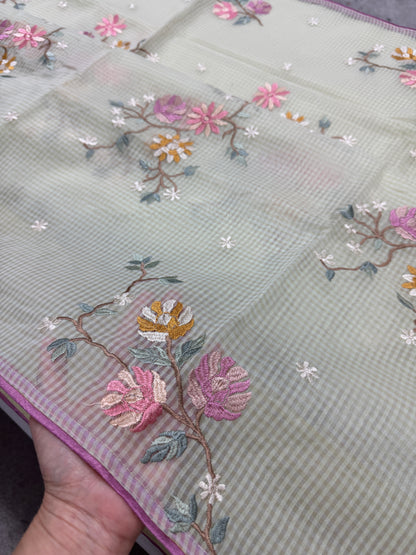 Ragini | Sea Green & Pink Floral Embroidery Blended Cotton Kota Saree image 2