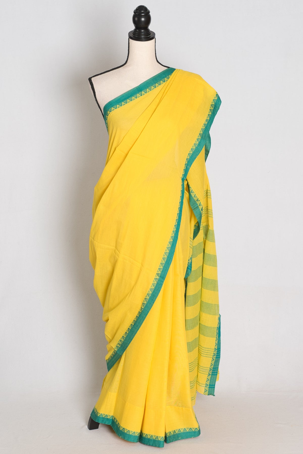 Bright Yellow and Green Dhaniakhali saree — view