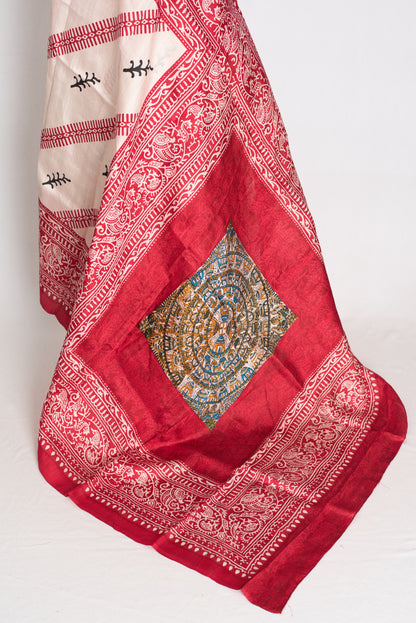 Durga : Traditional Off-White and Red Printed Murshidabad Pure Silk Saree image 3