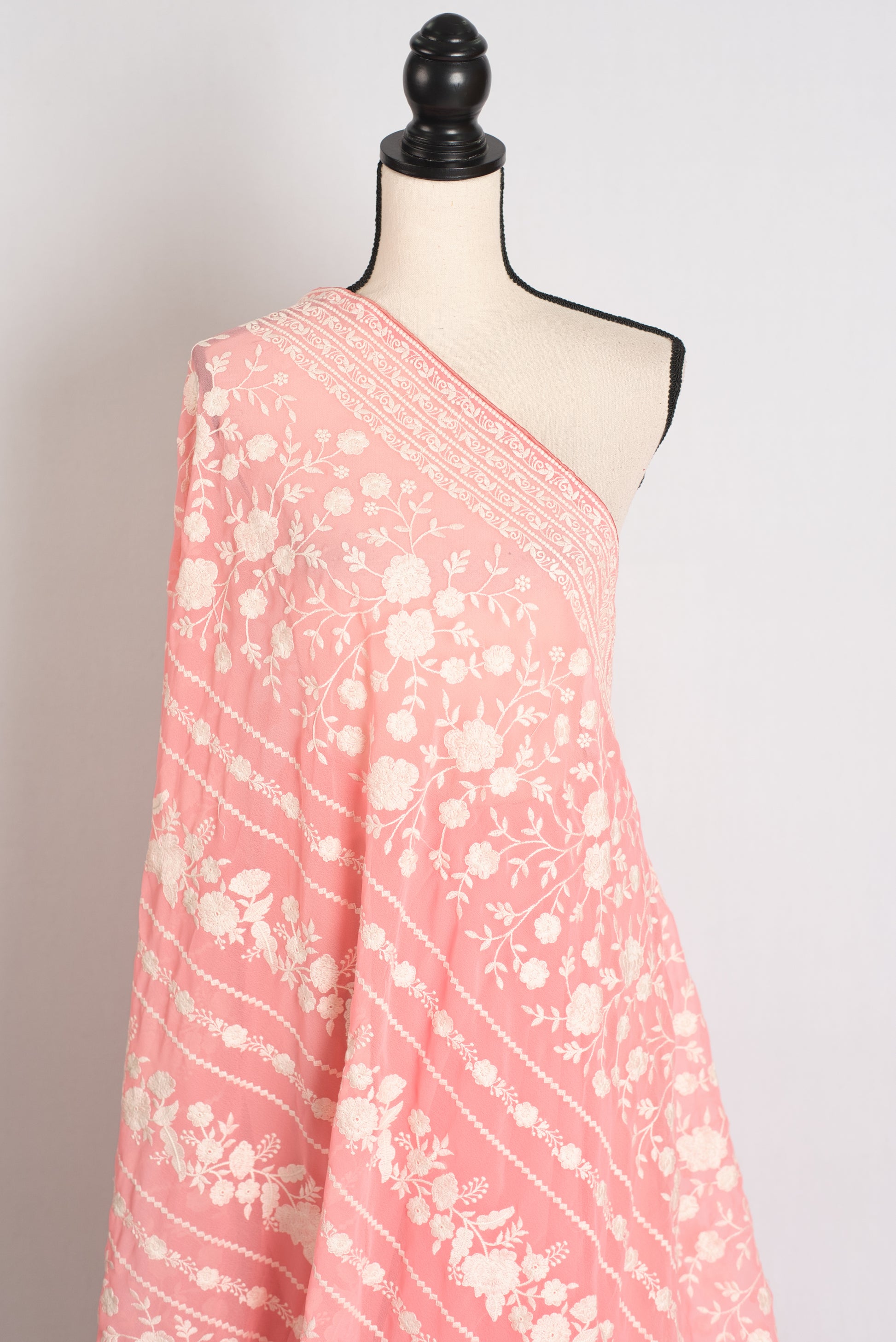 Samira : Peach and White Georgette Embroidered Partywear Saree image 4