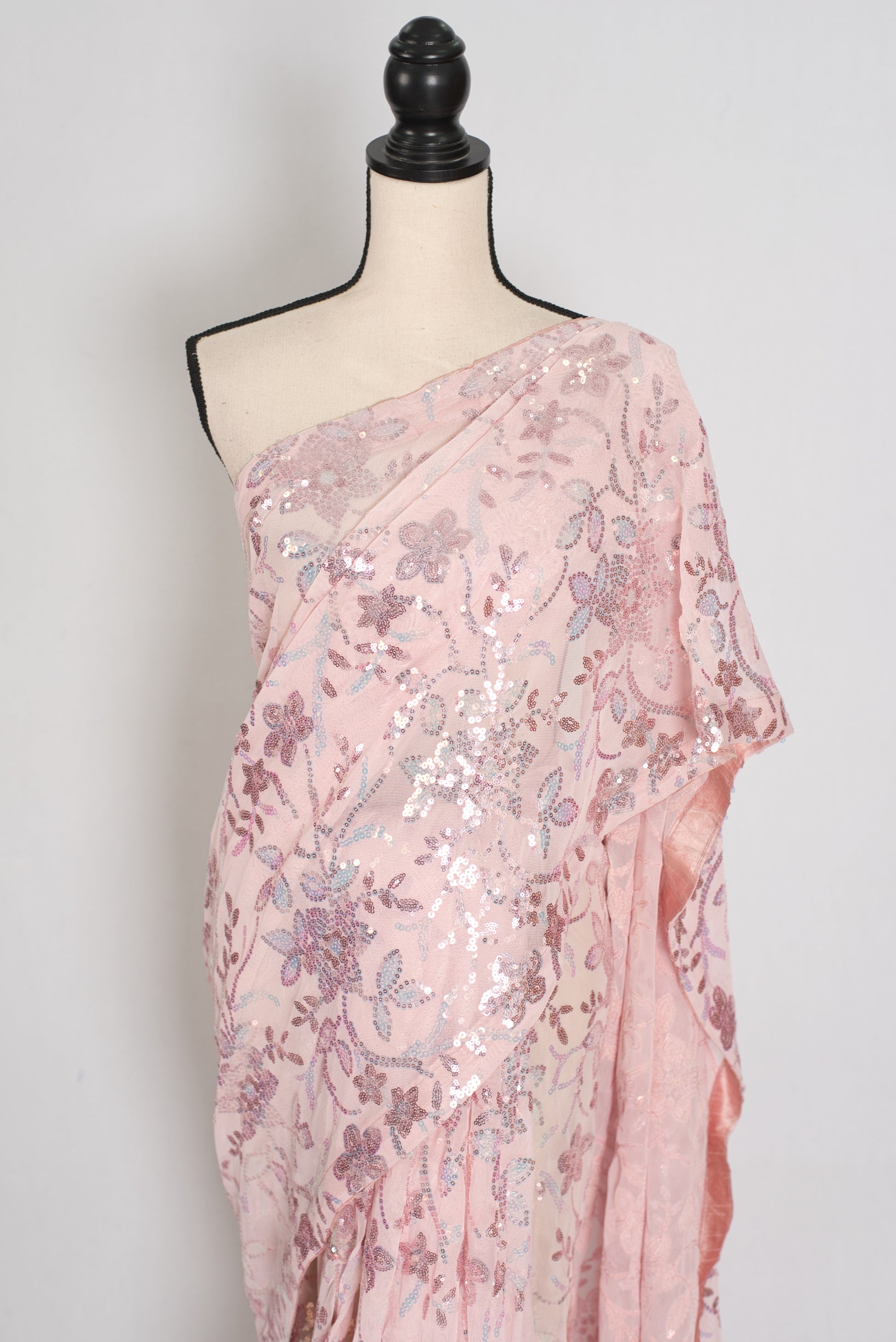 Ila | Baby Pink Soft Net Saree | Ready-to-Wear Set with Size 36 Stitched Blouse image 7