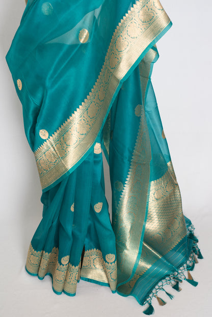 Ritaja : Rama Green and Gold Kora Organza Banarasi Saree with 38 Size Blouse image 7