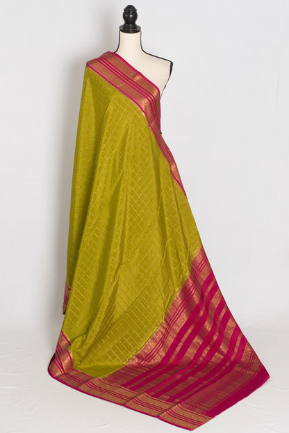 Maya – Moss Green and Dark Pink Checked Pure Mysore Silk Saree image 1
