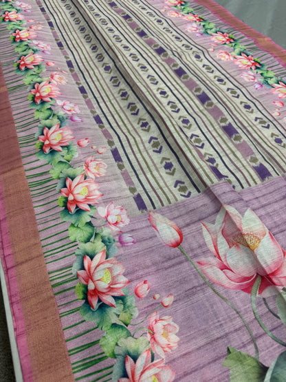 Rai | Off White & Lavender Ikkat Fusion Semi Tussar Saree image 4