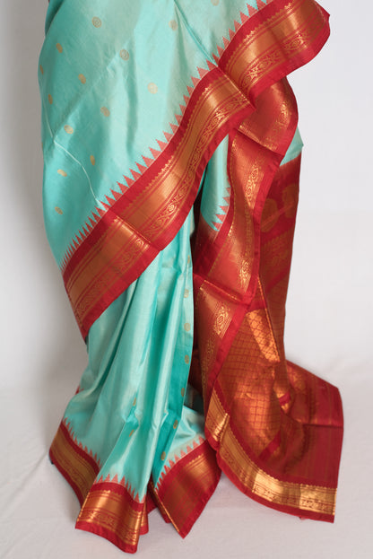 Shreya : Sea Blue & Red Handwoven Pure Gadwal Silk Saree with Stitched Blouse image 7