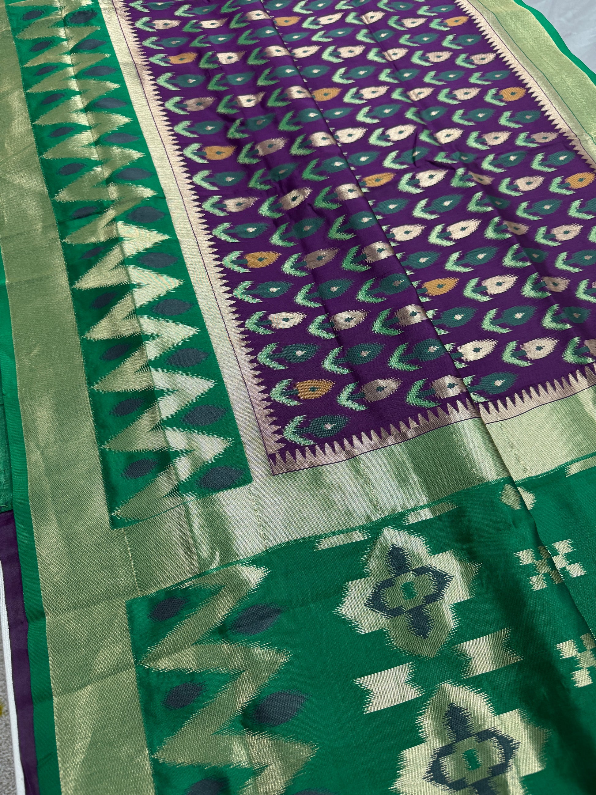 Sabina | Royal Purple & Emerald Green Art Silk Pochampally Saree image 2