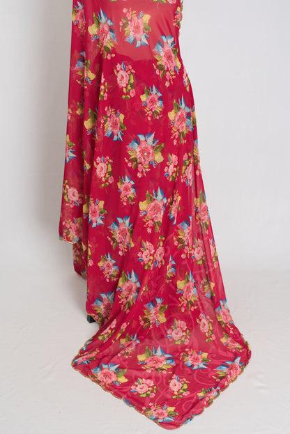 Indra : Dark Pink Floral Georgette Embroidery Designer Saree image 2