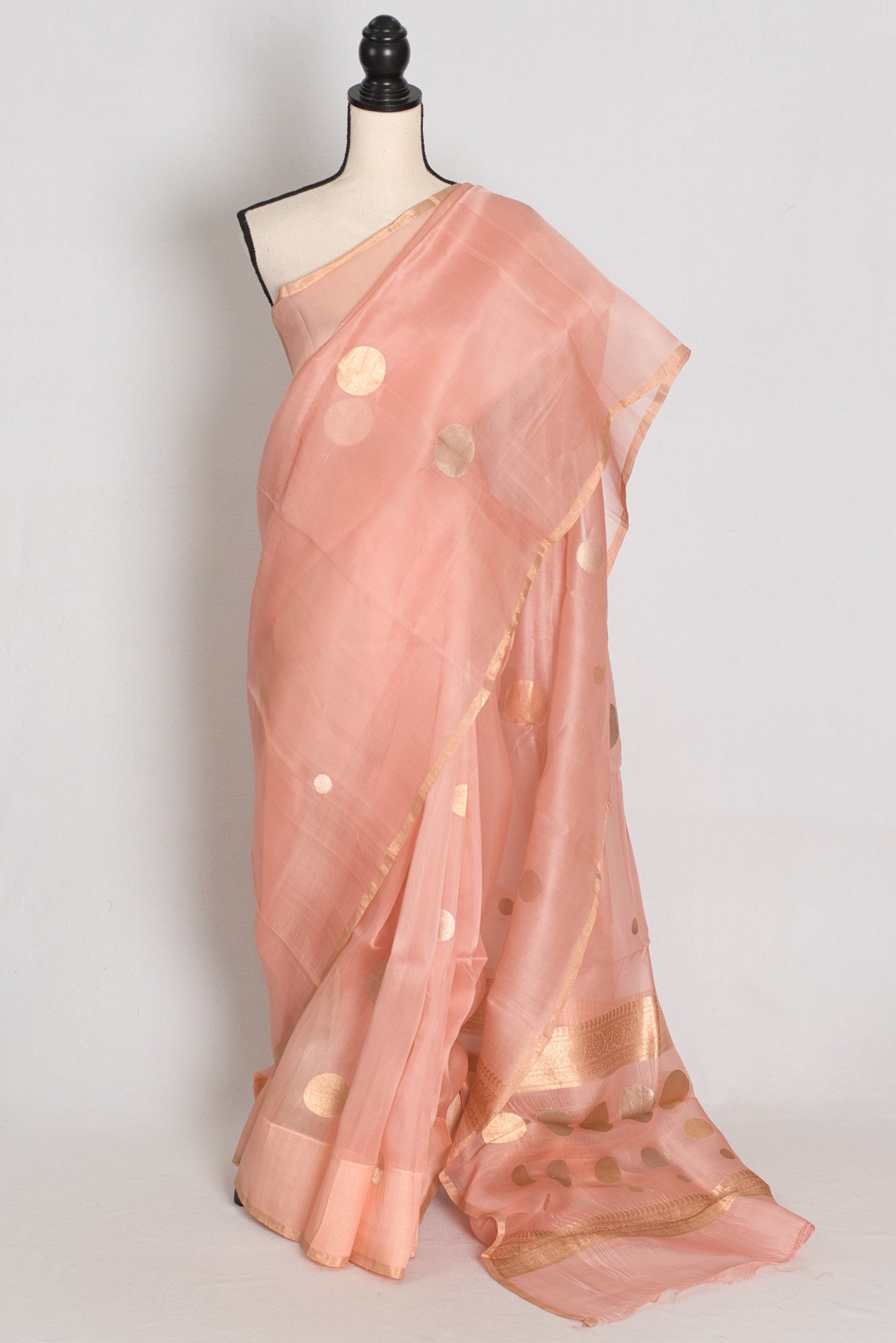Medha : Peachy Pink Polka Dot Handwoven Kora Banarasi Silk Saree | Silk Mark image 0