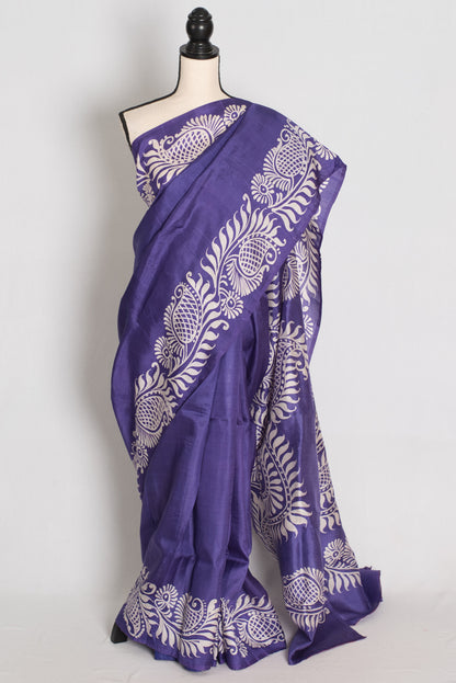 Malathi : Purple and Off-White Hand Batik Pure Murshidabad Silk Saree image 0