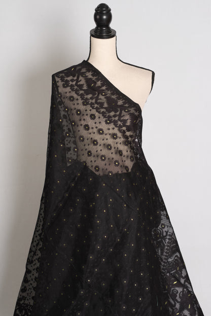 Koli : Midnight Black and Gold Soft Blended Cotton Bengali Jamdani Saree image 3