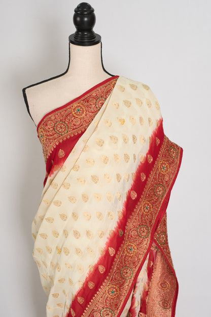 Maya | Off-White & Red Crepe Georgette Banarasi Saree | Bengali Look image 5