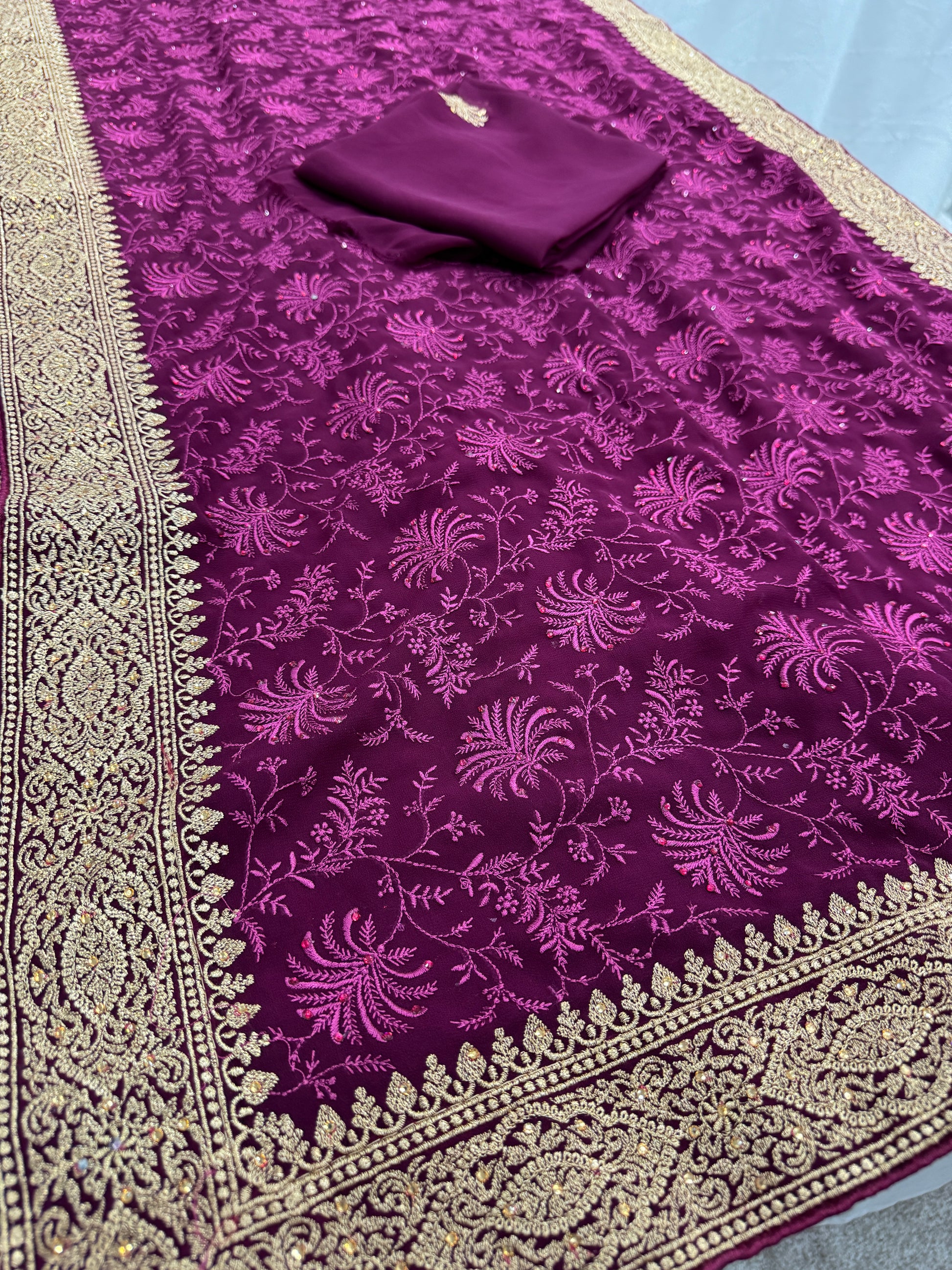 Ishq | Wine Georgette Partywear Saree | Trending Bollywood Floral Embroidery image 3
