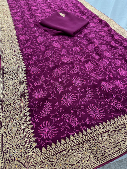 Ishq | Wine Georgette Partywear Saree | Trending Bollywood Floral Embroidery image 3