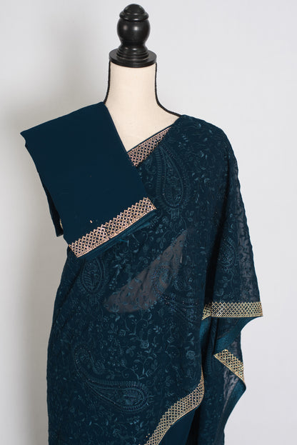 Sia | Cobalt Blue Georgette Kashmiri Embroidery Saree| Designer Cocktail Glamour image 2