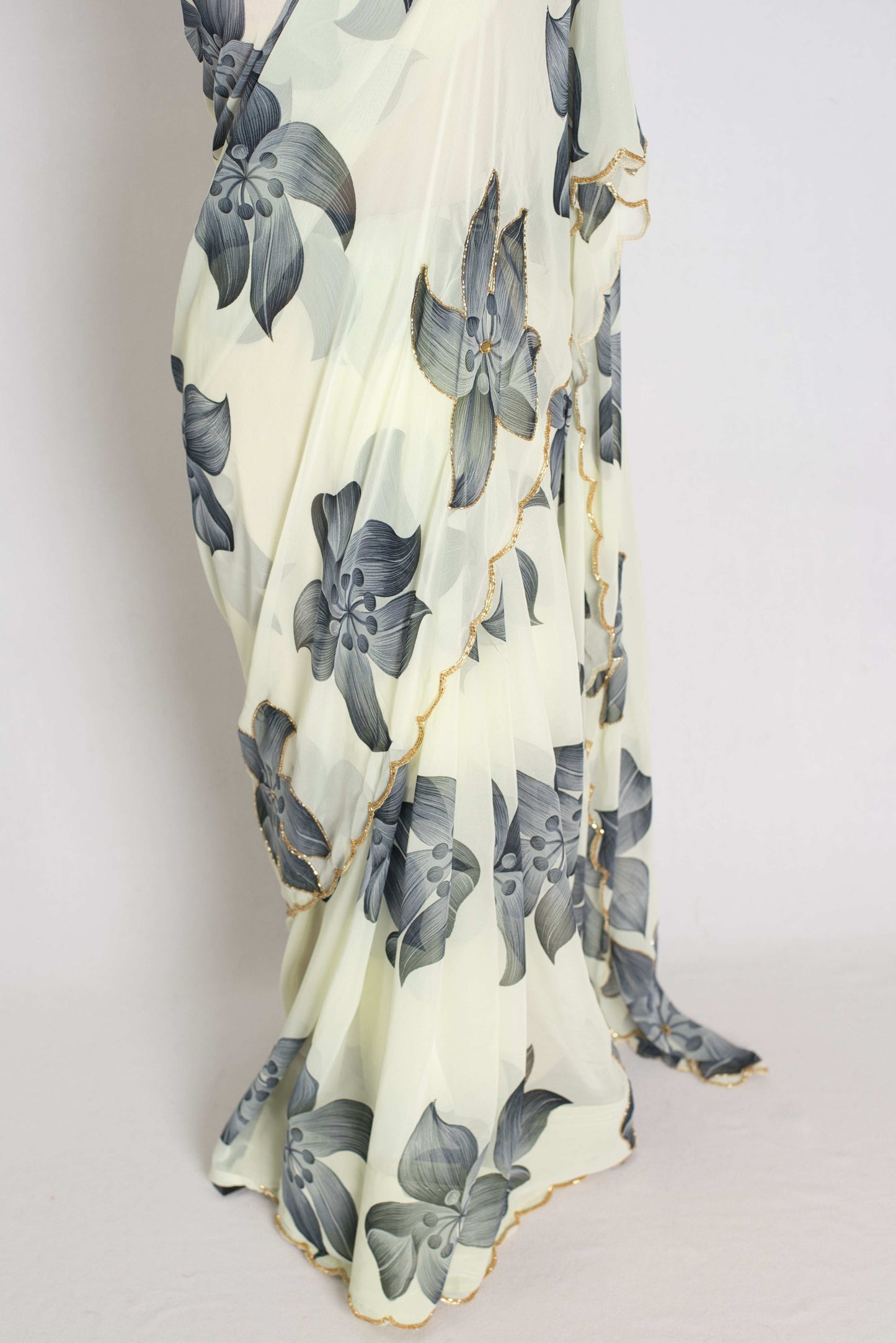 Nibha : Pale Yellow and Gray Floral Georgette Designer Embroidery Saree image 5