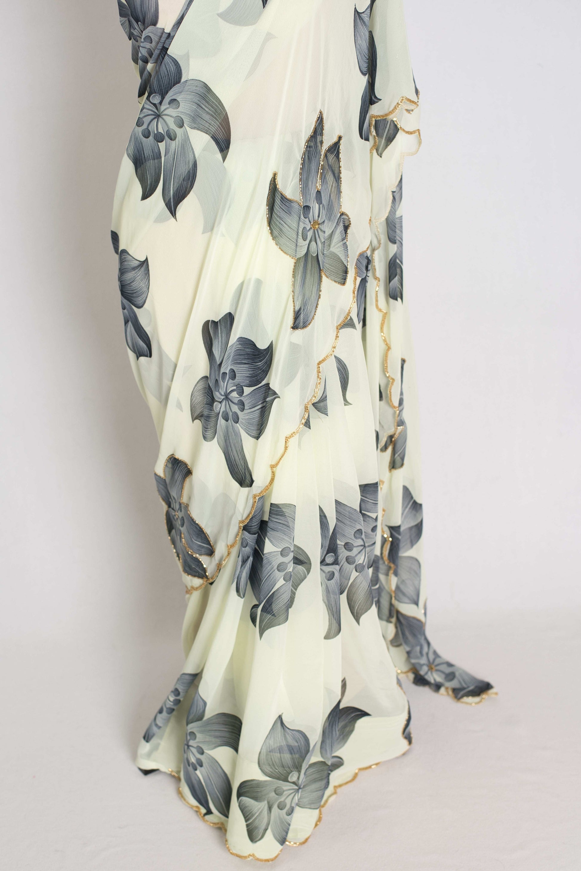 Nibha : Pale Yellow and Gray Floral Georgette Designer Embroidery Saree image 5