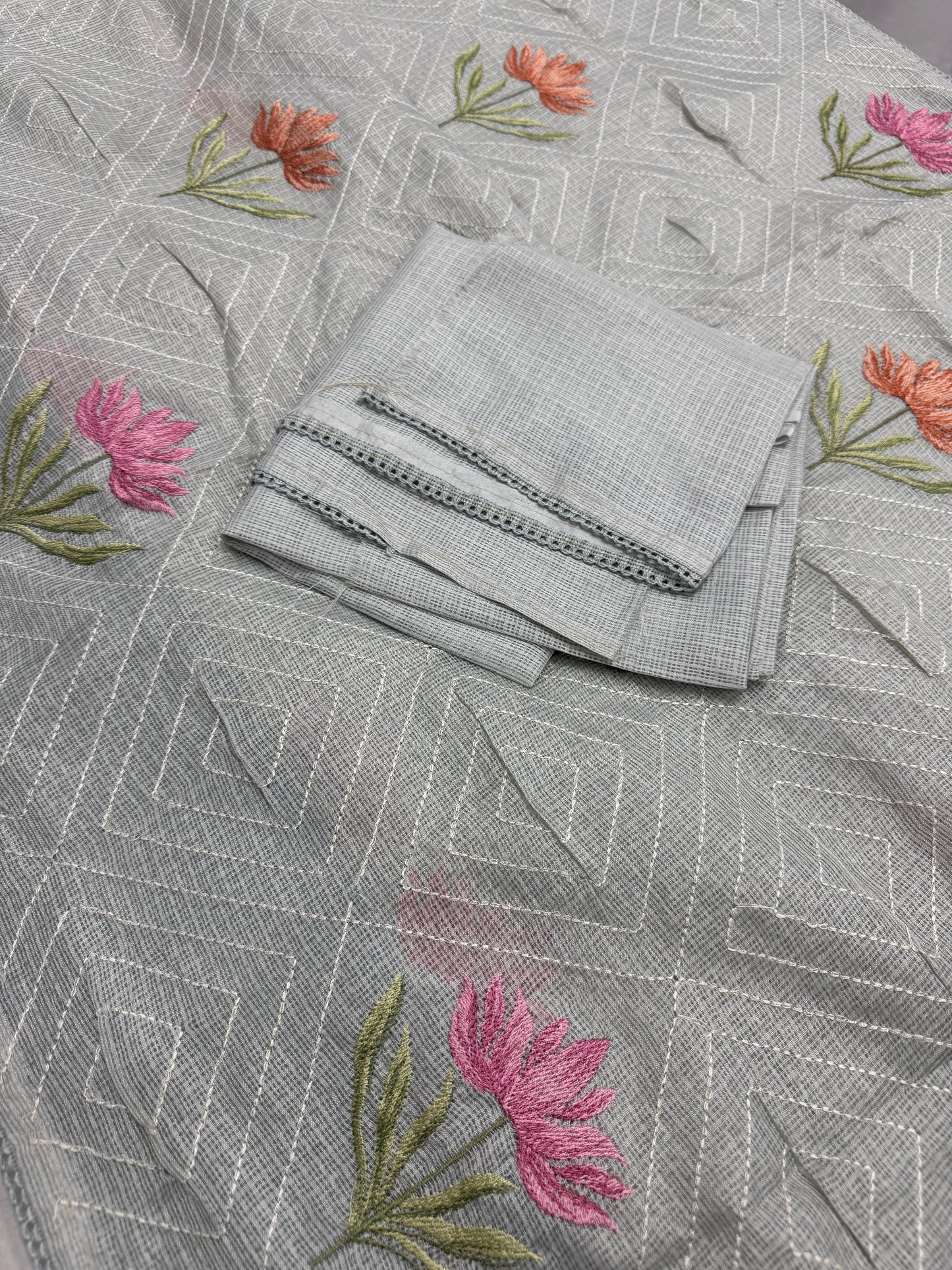 Jessica | Soft Grey Semi Kota Silk Saree | Pastel Floral Machine Embroidery image 2