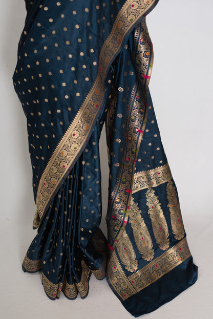 Nayan | Midnight Blue Semi Mashru Banarasi Saree | Pre-Stitched Size 38 Blouse image 6
