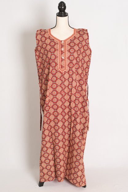 Pure Cotton Dark Red Kalamkari Printed Sleeveless Nighty in Regular Size image 1