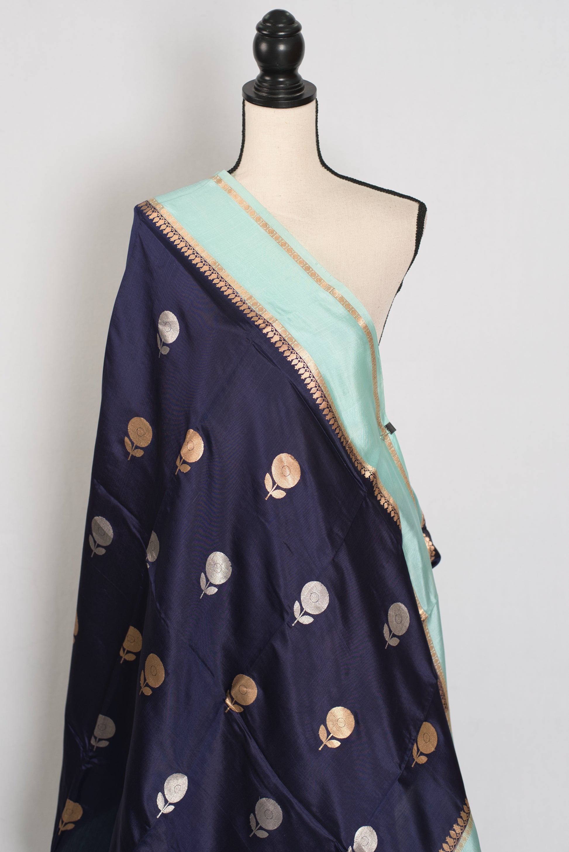 Gehna | Dark Blue & Sky Blue Satin Katan Banarasi Saree | Modern Minimalist image 5