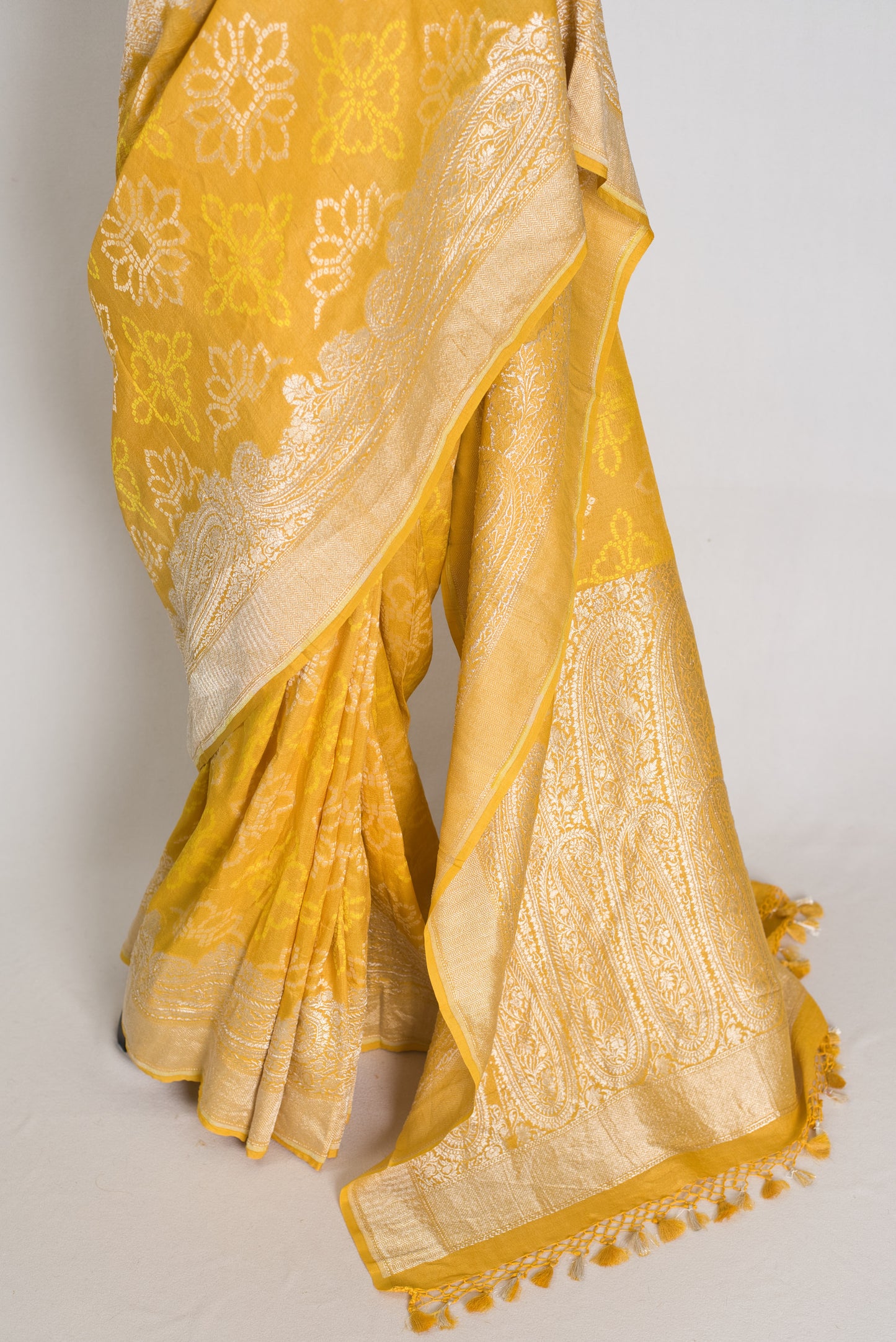 Gauri : Yellow Bandhani Tussar Georgette Banarasi Saree | Silk Mark Certified image 5