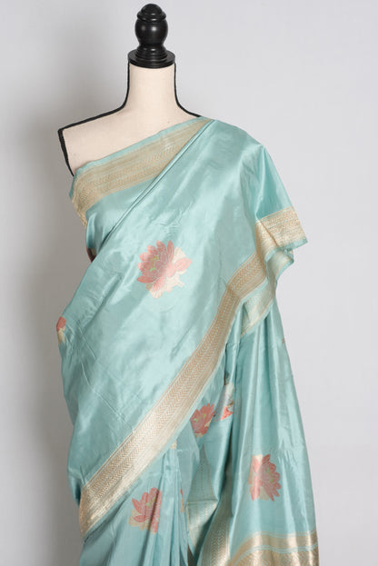 Sitara: Powder Blue Banarasi Silk Saree with 42 Stitched Blouse image 6