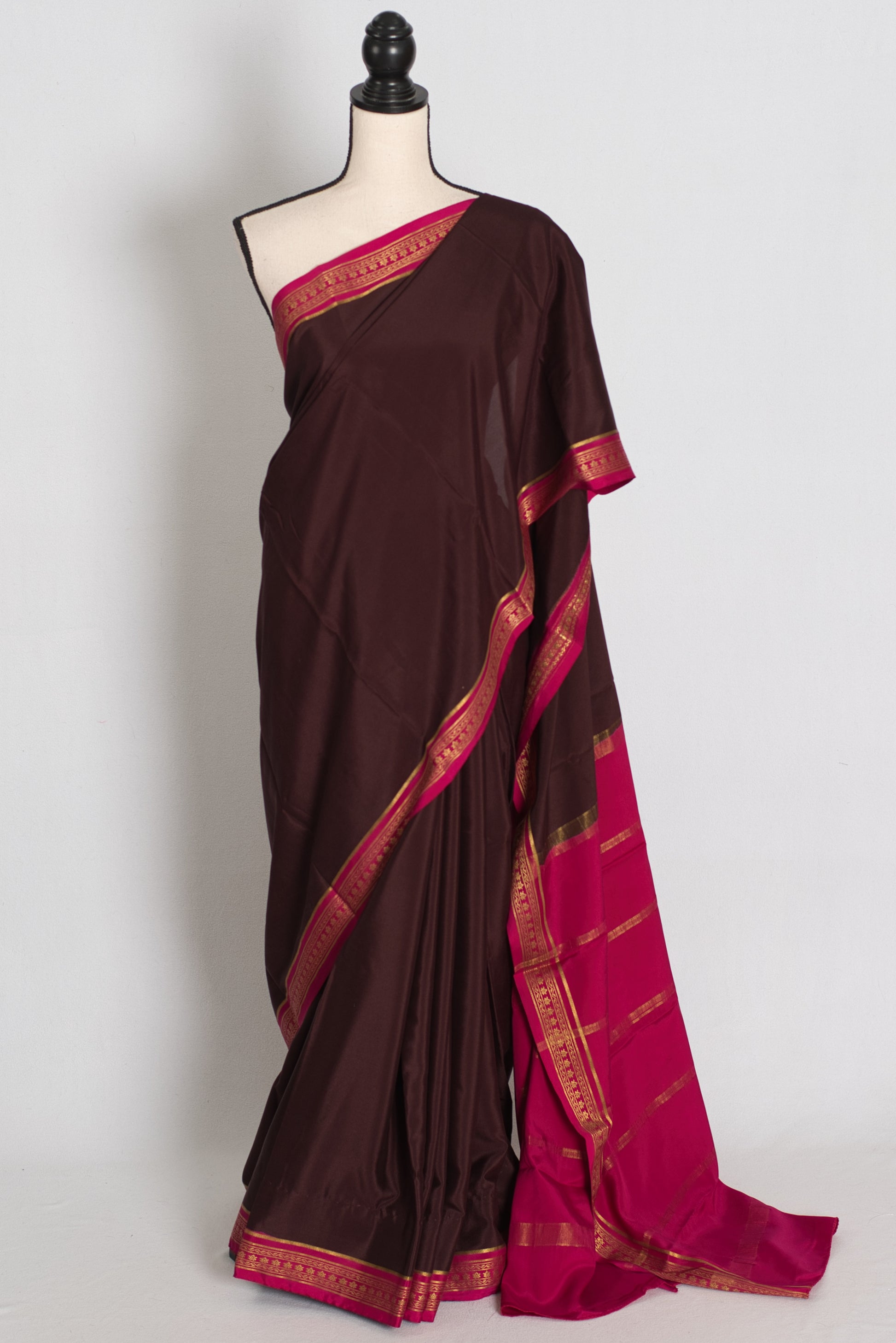 Devi : Brown and Pink Pure Mysore Crepe Silk Saree with 38 Size Stitched Blouse image 0