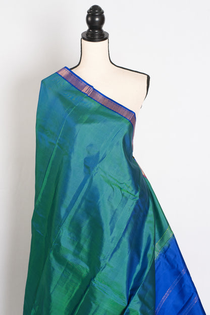Rini: Peacock Green and Blue Kanjivaram Silk Saree with Small Gold Border image 3