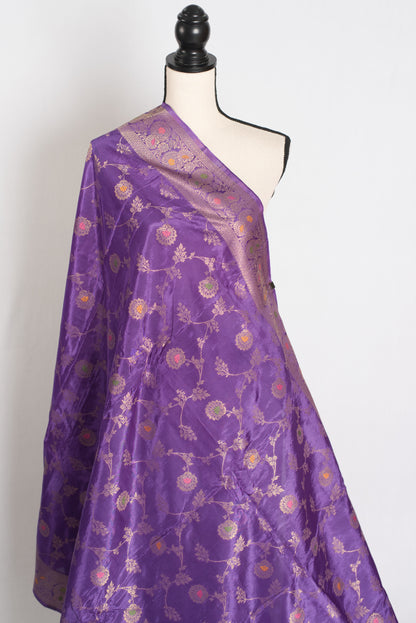 Amrita : Semi Crepe Silk Jaal Banarasi Saree in Purple and Gold image 4
