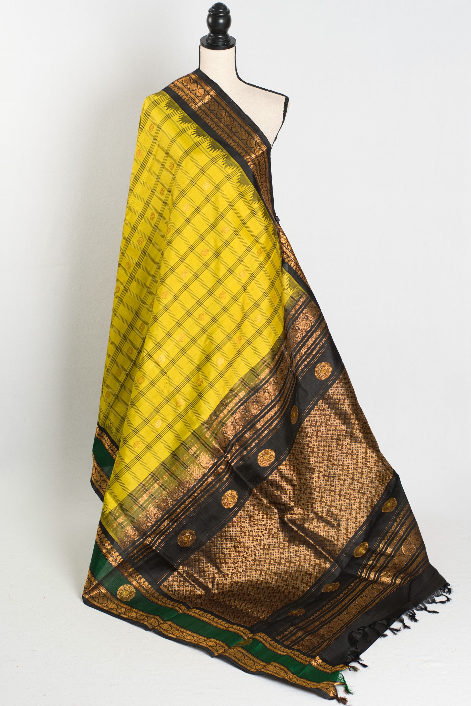 Brinda : Exclusive Checks Kanji Gadwal Silk Saree in Pineapple Green and Black image 1