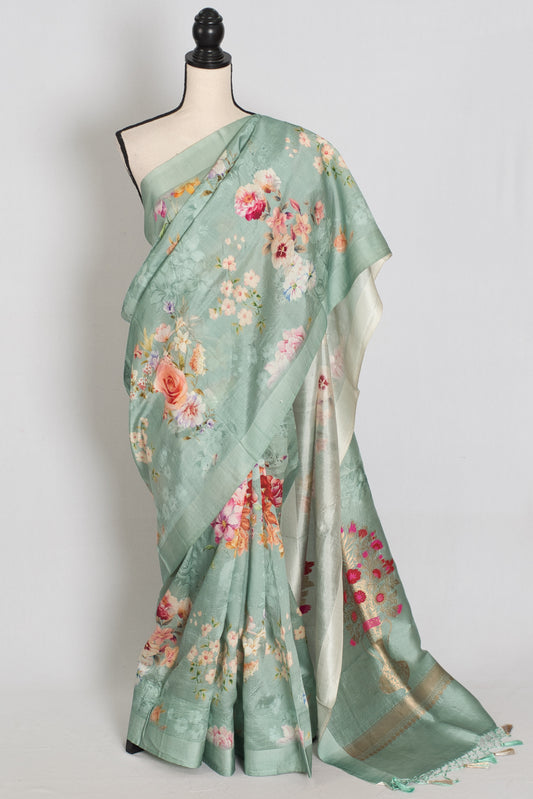 Soma : Sea Green Floral Banarasi Katan Silk Saree with 40 Size Stitched Blouse image 0