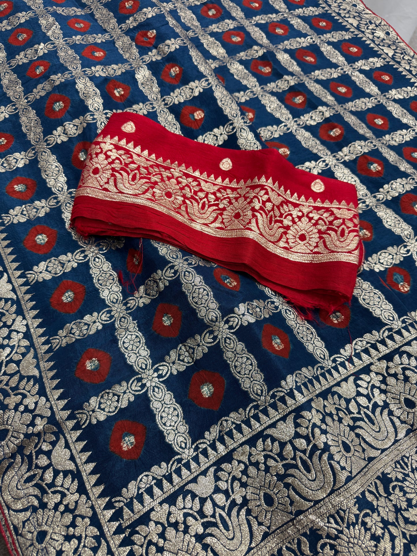 Parul | Dark Blue & Red Gharchola Banarasi Saree | Silver Zari Dola Silk image 1