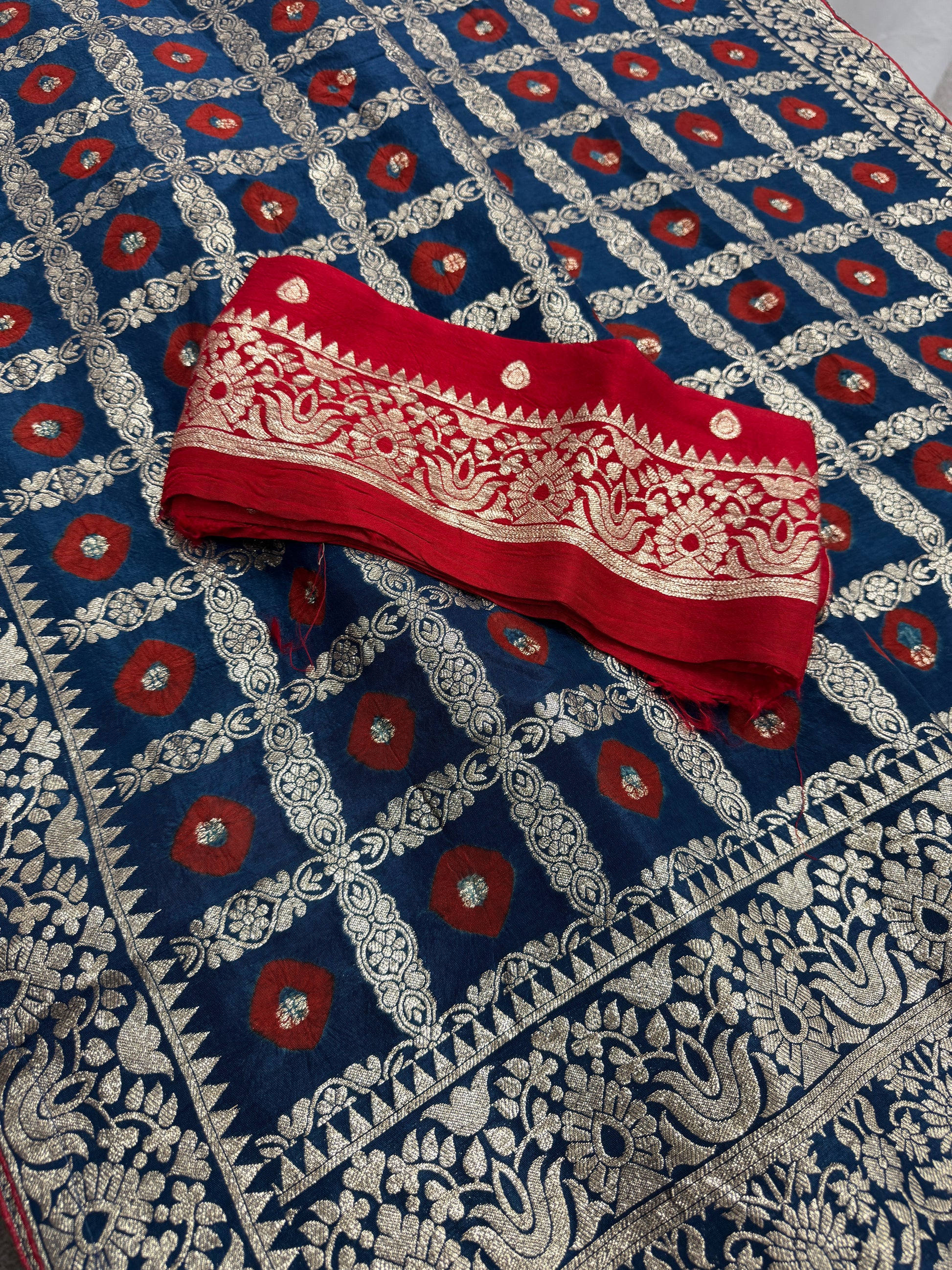 Parul | Dark Blue & Red Gharchola Banarasi Saree | Silver Zari Dola Silk image 1