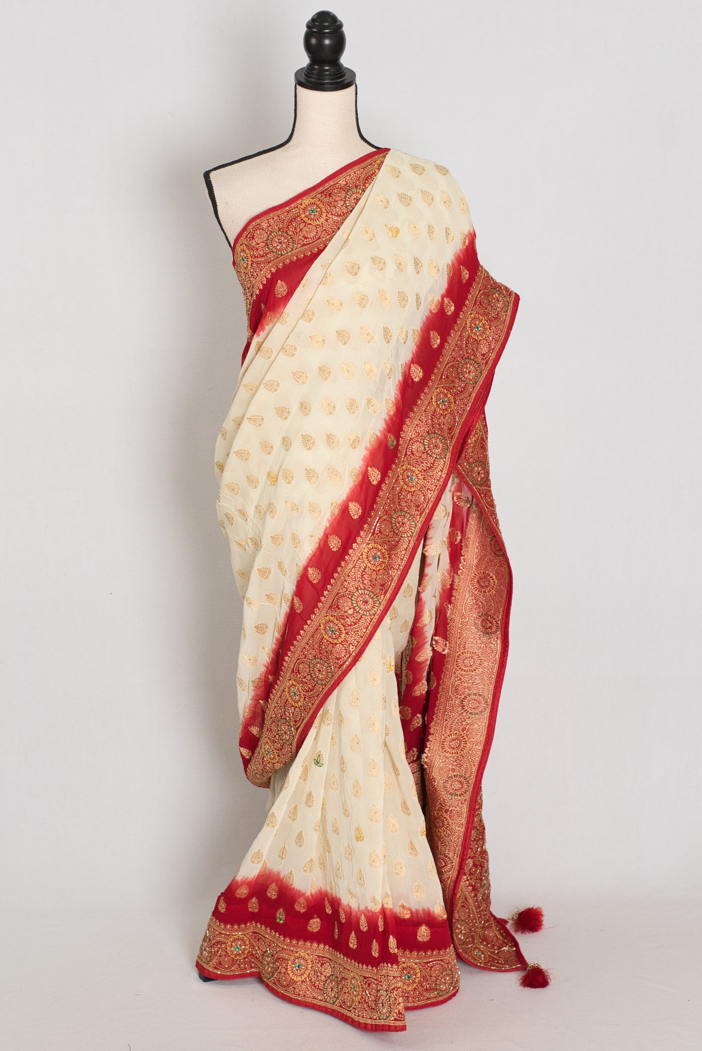 Maya | Off-White & Red Crepe Georgette Banarasi Saree | Bengali Look image 0