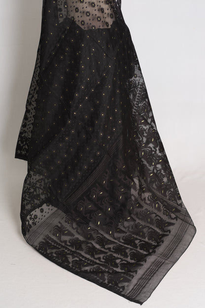 Koli : Midnight Black and Gold Soft Blended Cotton Bengali Jamdani Saree image 4