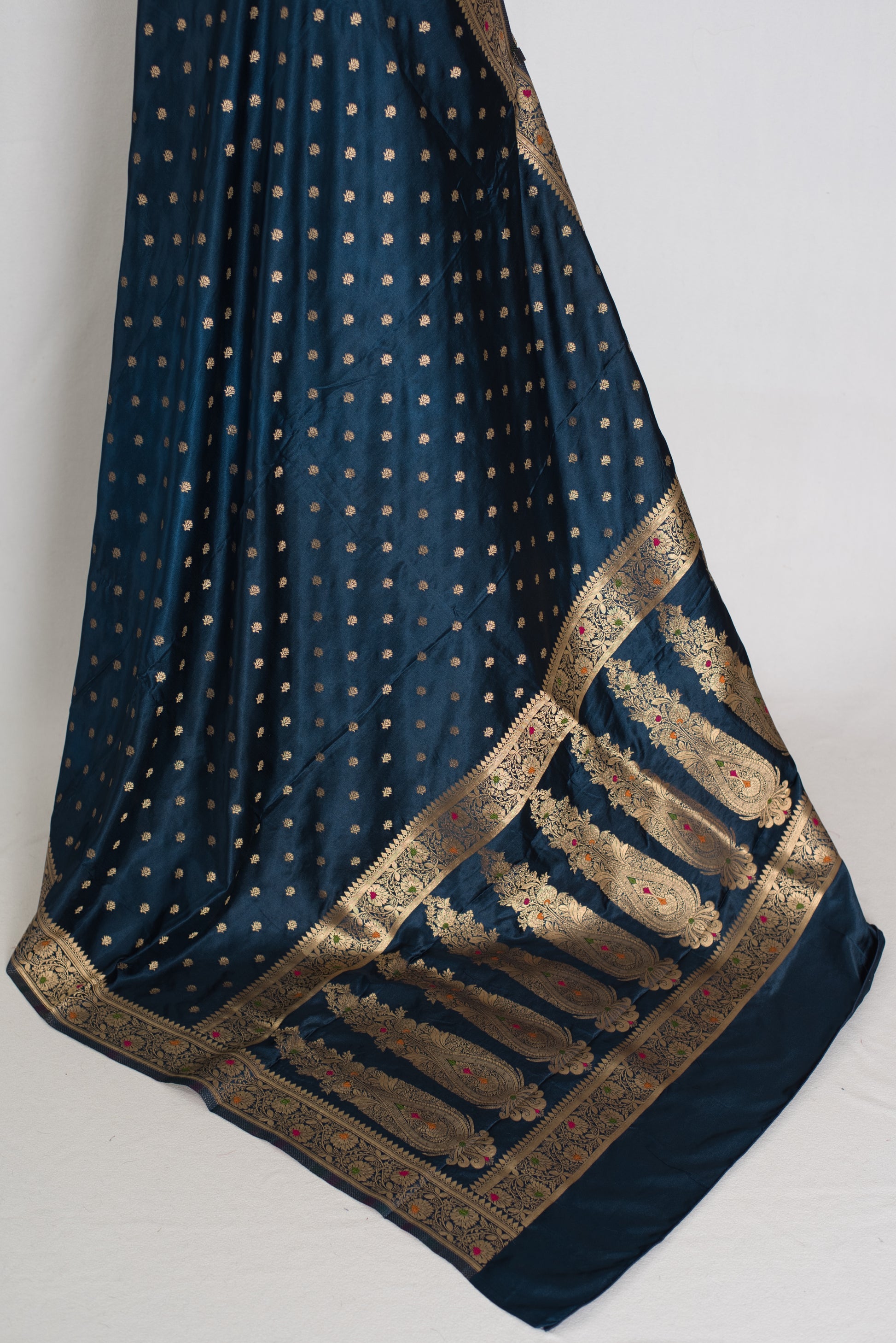 Nayan | Midnight Blue Semi Mashru Banarasi Saree | Pre-Stitched Size 38 Blouse image 4