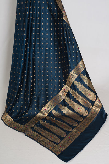 Nayan | Midnight Blue Semi Mashru Banarasi Saree | Pre-Stitched Size 38 Blouse image 4