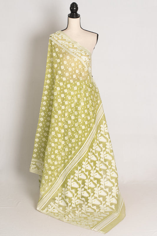 Nita : Light Olive Green and White Soft Blended Cotton Bengali Jamdani Saree image 1