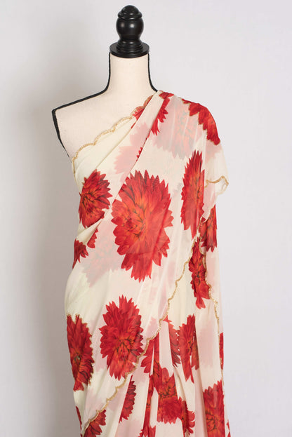 Eesha: Cream and Red Floral Georgette Designer Embroidery Saree image 5